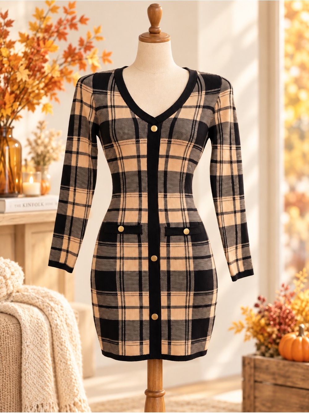 Plaid V-Neck Long Sleeve Button-Front Dress in Beige and Black